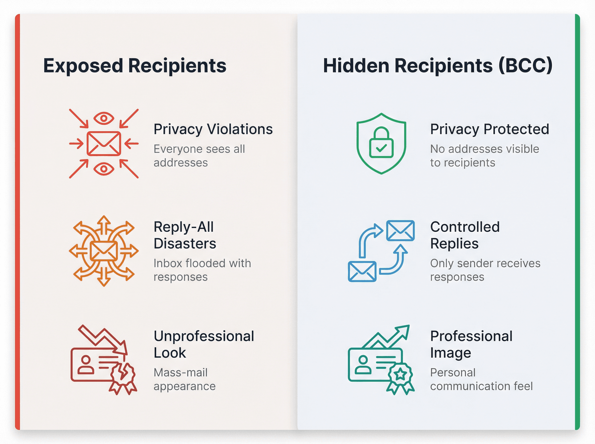 Split comparison showing problems with exposed recipients versus benefits of hidden recipients in group emails